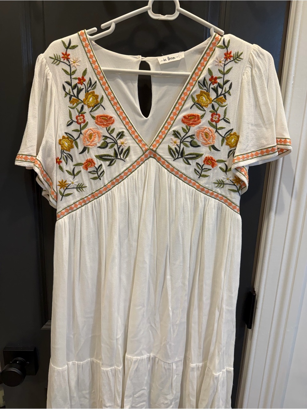 In Bloom White Embroidered V-Neck Tunic with Pink & Yellow Floral Accents
